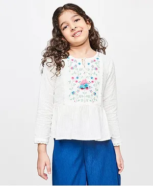 Global Desi Girl Full Sleeves Stripe Design Detailed & Floral Embroidered Lace Embellished Yoke Top - White