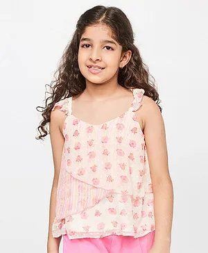 Global Desi Girl Cap Flutter Sleeves  Floral Printed Self Design Overlap Detailing Flared Top - Off White & Peach