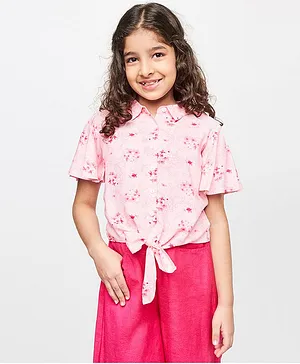 Global Desi Girl Half Sleeves Floral Print Front Knot Detail Top - Pink