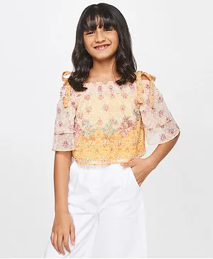 Global Desi Girl Half Cold Shoulder Flared Sleeves All Over Floral Printed Dobby Detail Top - Mustard Yellow