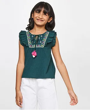 Global Desi Girl Cap Flutter Sleeves Embroidered Bodice Self Design Detailing Textured Neck Tie Up Top - Green