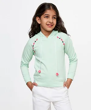Global Desi Girl Full Sleeves Floral Embroidered Hooded Winter Top - Mint Green