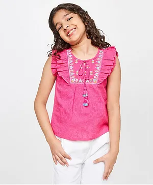 Global Desi Girl Cap Flutter Sleeves Embroidered Bodice Self Design Detailing Textured Neck Tie Up Top - Pink