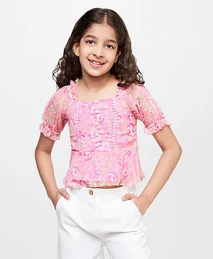 Global Desi Girl Half Puffed Sleeves Floral Printed Top - Pink