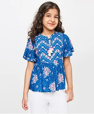 Global Desi Girl Half Frill Sleeves Floral Printed With Front Knot Detail Top - Blue