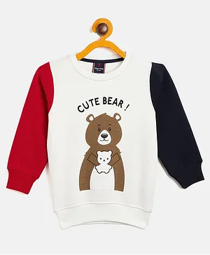 Hop n Jump Full Sleeves Cute Bear Text Placement Printed Colour Block Sweatshirt - Off White