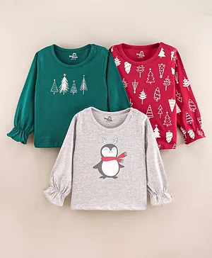 Doodle Poodle Full Sleeves Tops Penguin Print Pack of 3 - Green Red White