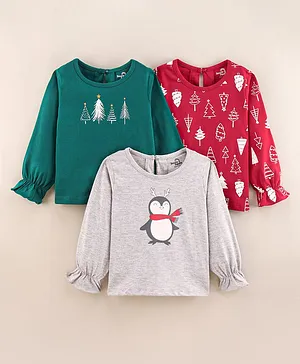 Doodle Poodle Full Sleeves Tops Penguin Print Pack of 3 - Green Red White