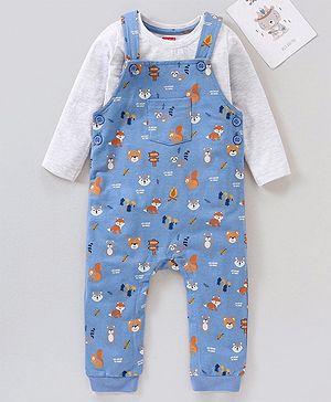 Babyhug Dungaree and Full Sleeves T-Shirt Set Fox Print - White and Blue