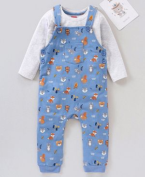 Babyhug Dungaree and Full Sleeves T-Shirt Set Fox Print - White and Blue