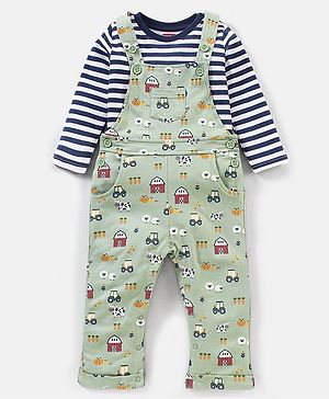 Babyhug Cotton Full Sleeves Striped Tee With Dungaree Farm Print- Blue Green