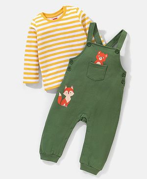 Babyhug 100% Cotton Full Sleeves Tee & Teddy Print Dungaree - Green & Yellow