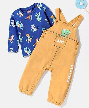 Babyhug Cotton Full Sleeves Tee With Dungaree Dino Print- Blue Orange