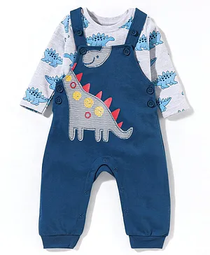 Babyhug 100% Cotton Dungaree With Full Sleeves T-Shirt Dino Embroidery & Print - White and Blue