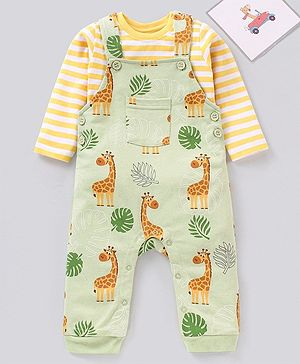 Babyhug Cotton Dungaree With Striped Inner T-Shirt Giraffe & Leaf  Print - Green and Yellow