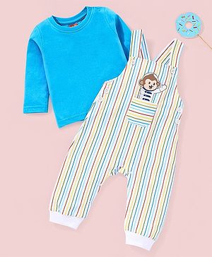 Babyhug 100% Cotton Full Sleeves T-Shirt & Dungaree Stripes & Monkey Print - Blue