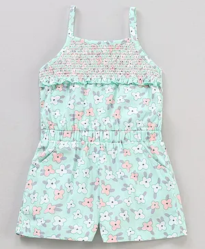 Enfance Core Sleveeless All Over Flowers Printed Smocked & Frilled Bodice Jumpsuit - Sea Green