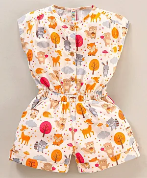 Enfance Core Short Sleeves Tropical Forest Theme All Over Animal & Tree With Cloud Printed Jumpsuit - Cream