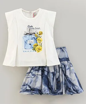 Enfance Core Sleeveless Perfume Printed Top With Abstract Art Printed Skirt - Dark Blue