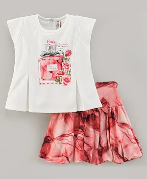 Enfance Core Sleeveless Perfume Printed Top With Abstract Art Printed Skirt - Tomato Red