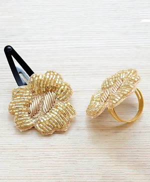 Pretty Ponytails Ethnic Beaded Rose Flower Detail Hair Clip & Finger Ring Gift Set - Gold