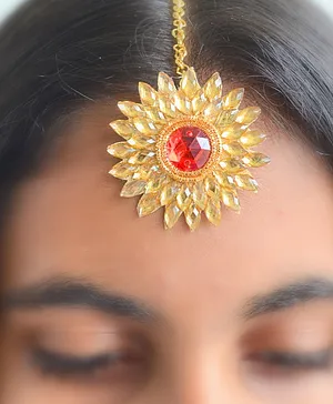 Pretty Ponytails Zardozi Flower Detailed Stone Embellished Mandala Wedding Maang Teeka - Golden & Red