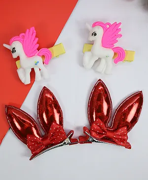 Kamule Set Of 4 Unicorn & Bow Emellished Bunny Hair Clip - White & Red