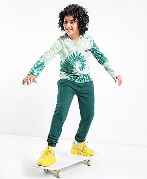 Pine Kids Full Sleeves Bio Washed Tie Dyed Crew Neck Sweatshirt & Lounge Pant - Green