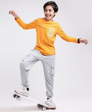 Pine Kids Knit Full Sleeves T Shirt & Lounge Pant Text Print - Orange Grey Melange