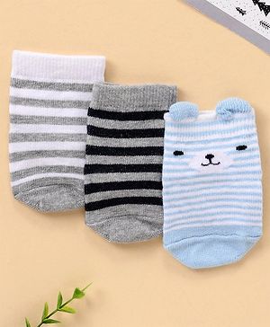 Cute Walk by Babyhug Anti Bacterial Ankle Length Striped Socks Bear Face Design Pack of 3 - Multicolor