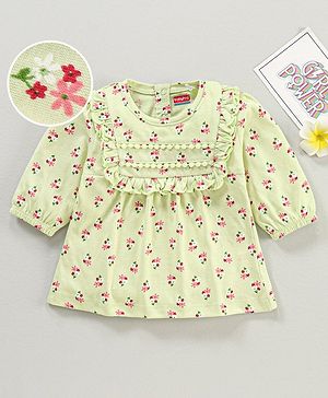 Babyhug Three Fourth Sleeves Top with Lace & Frill Detailing Floral Print - Light Olive