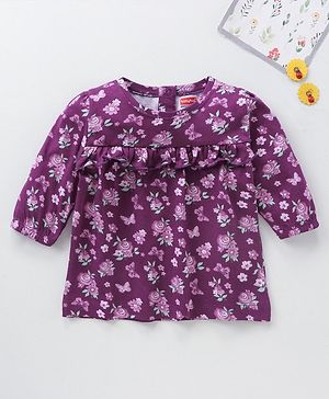 Babyhug Three Forth Sleeves Butterfly & Flower Print With Frill Detailing Top - Purple
