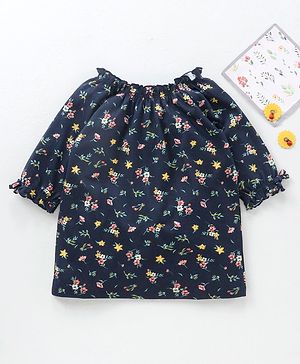 Babyhug Three Fourth Sleeves Top with Frill Detailing & Floral Print - Navy Blue
