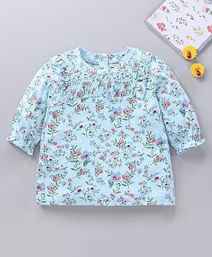 Babyhug Three Forth Sleeves Flower Print With Smocking & Frill Detailing Top - Blue