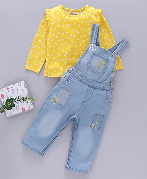 Babyoye Full Sleeves Cotton Tee With Dungarees Floral Embroidery & Polka Dot Print- Yellow Blue