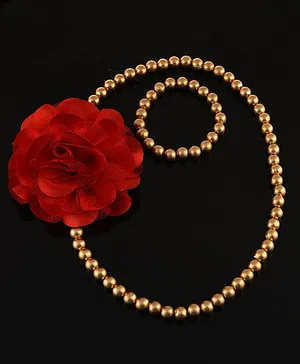 Miss Diva Floral Detail Pearl Necklace & Bracelet Set - Red & Golden