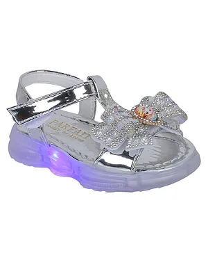 FEETWELL Stone Embellished Bow Detail Glossy Finish LED Sandals - Silver