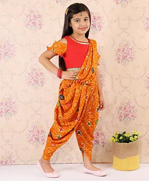 M'andy Cold Shoulder Half Sleeves Blouse & Bandhani Printed Pre Stitched Dhoti Saree - Yellow