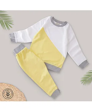 A Toddler Thing Organic Cotton Full Sleeves Colour Blocked Sweatshirt & Joggers Set - White & Yellow
