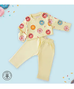 A Toddler Thing Full Sleeves Donut Worry Printed Top & Pants Organic Set - Yellow