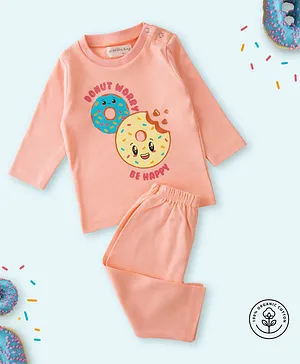 A Toddler Thing Full Sleeves Happy Donut Printed Top & Pants Organic Set - Pink