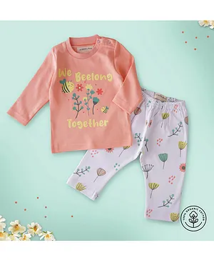 A Toddler Thing Full Sleeves Together Text With Bees Printed Organic Cotton Tee & Floral Printed Pant - Pink