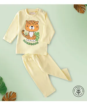 A Toddler Thing Full Sleeves Roarsome Text With Tiger Printed Organic Cotton Tee & Pant - Yellow