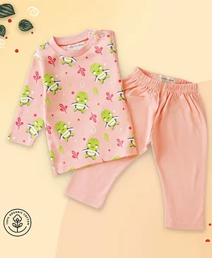 A Toddler Thing Full Sleeves Baby Turtle & Leaf Printed Organic Cotton Tee With Pant - Pink