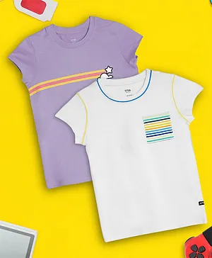 XY Life Pack Of 2 100% Combed Cotton Antimicrobial With Moisture Absorbent Cap Sleeves Pocket Stripe Detail & Cloud Printed Tees - Violet & White