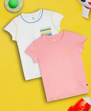 XY Life Pack Of 2 100% Combed Cotton Antimicrobial With Moisture Absorbent Cap Sleeves Pocket Stripe Detail & Placement Embroidered Tees - White & Pink