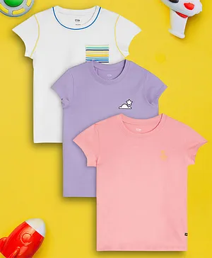 XY Life Pack Of 3 100% Combed Cotton Antimicrobial With Moisture Absorbent Cap Sleeves Pocket Stripe Detail & Cloud Printed Tees - White Violet & Pink