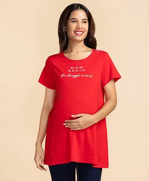 Bella Mama Half Sleeves Maternity Top Text Print - Red
