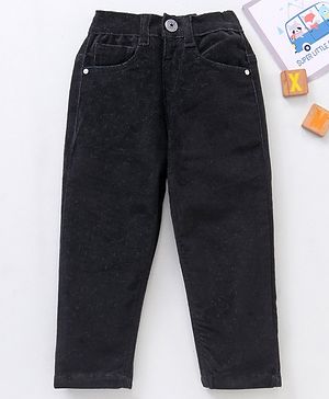 Babyhug Cotton Lycra Woven Full Length Solid Colour Corduroy Pants - Black