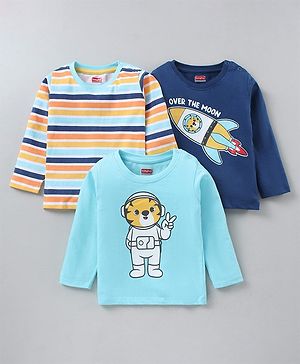 Babyhug Full Sleeves Cotton Striped and Rocket Printed T-shirts Pack of 3 - Blue Orange